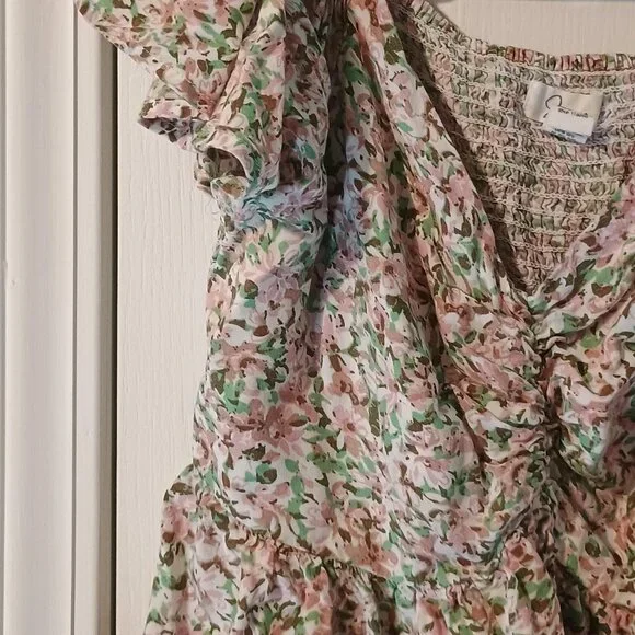 Japna Floral Boho Top Women L Flutter Sleeve Ruched V-Neck Blouse - Picture 6 of 9